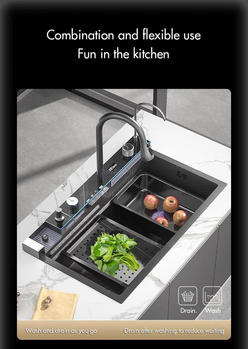 304 Stainless Steel Waterfall Kitchen Sink Large Single Slot Integrated Digital Display Faucet Set Soap Dispenser Cup Washer Home Fusion