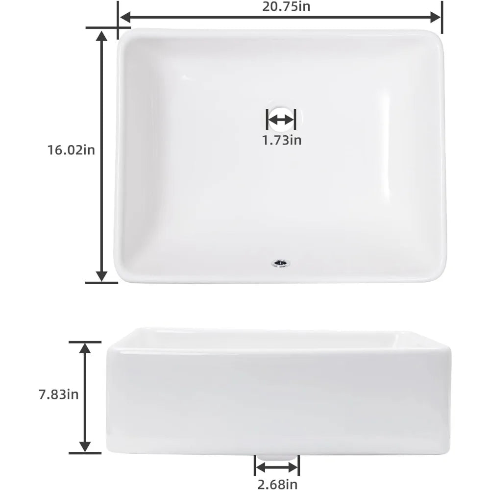 Rectangular Ceramic Countertop Vessel Sink, White Bathroom Sink, Ceramic Small Sink Bowl, Vanity Art Basin, 21 "x 16" x 6" Home Fusion