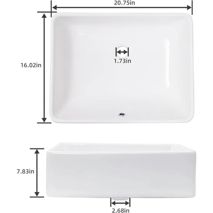 Rectangular Ceramic Countertop Vessel Sink, White Bathroom Sink, Ceramic Small Sink Bowl, Vanity Art Basin, 21 "x 16" x 6" Home Fusion