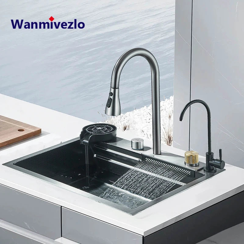 kitchen sink 304 Stainless Steel Waterfall Kitchen Sink Sink Large Single basin With Large Single Slot Sink Above Counter With Cup Disher 076823-f9.myshopify.com