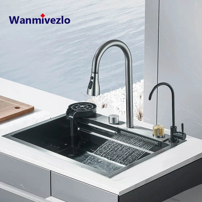 kitchen sink 304 Stainless Steel Waterfall Kitchen Sink Sink Large Single basin With Large Single Slot Sink Above Counter With Cup Disher 076823-f9.myshopify.com