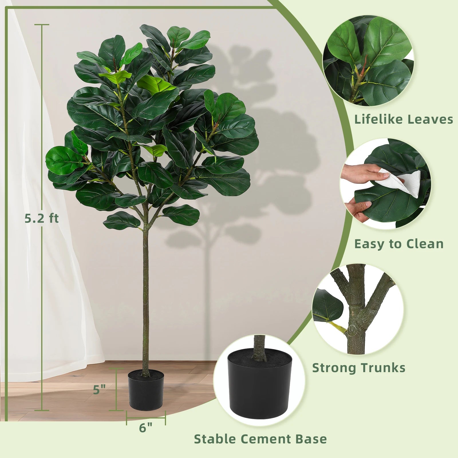 5.2 Ft Artificial Fiddle Leaf Fig Tree, Faux Ficus Lyrata Plant with 62 Fiddle Leaves, Tall Fake Plants Large Floor Plant - Home Fusion