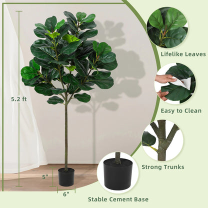 5.2 Ft Artificial Fiddle Leaf Fig Tree, Faux Ficus Lyrata Plant with 62 Fiddle Leaves, Tall Fake Plants Large Floor Plant - Home Fusion