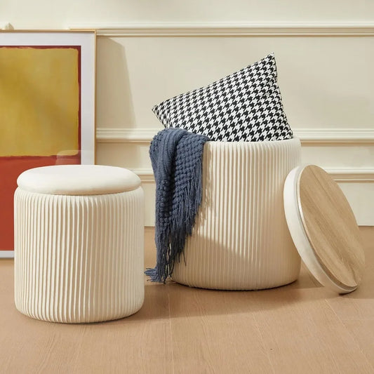 Round Ottoman with Storage Set of 2 Upholstered Velvet Vanity Stool Lines 300lbs Ottomans Multifunctional Beige - Home Fusion
