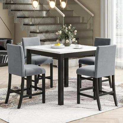 5 Piece Dining Room Table Set for Kitchen with Faux Marble Dining Table and 4 Upholstered-Seat Chairs,Living Room Furniture Home Fusion