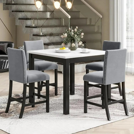 5 Piece Dining Room Table Set for Kitchen with Faux Marble Dining Table and 4 Upholstered-Seat Chairs,Living Room Furniture Home Fusion