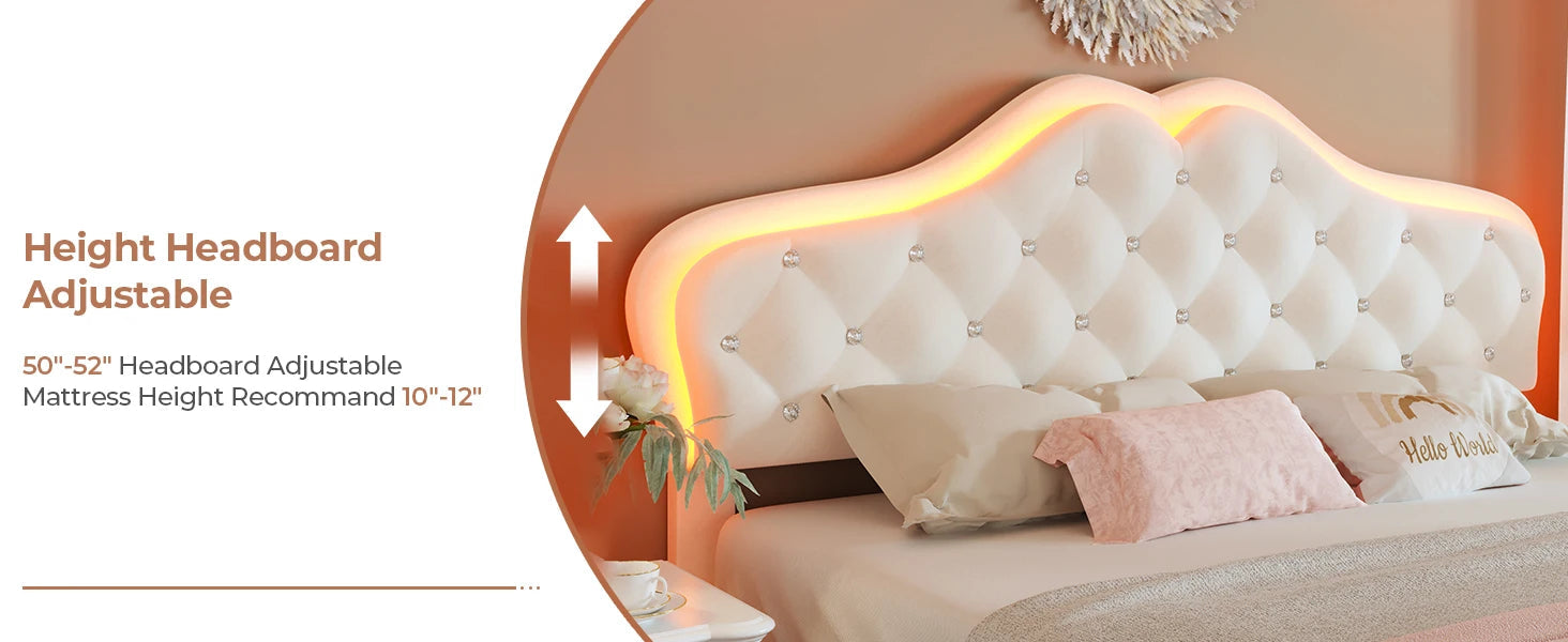 Queen Size Upholstered Bed Frame with LED Lights, Adjustable Headboard with Crystal Button, Solid Wood Slats Support, Beige Home Fusion