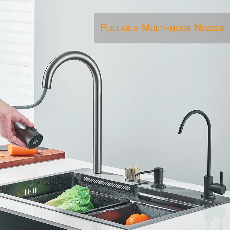 304 5 Water Discharge Modes Stainless Steel Waterfall Kitchen Sink Large Single Slot Integrated Digital Display Faucet Set Home Fusion