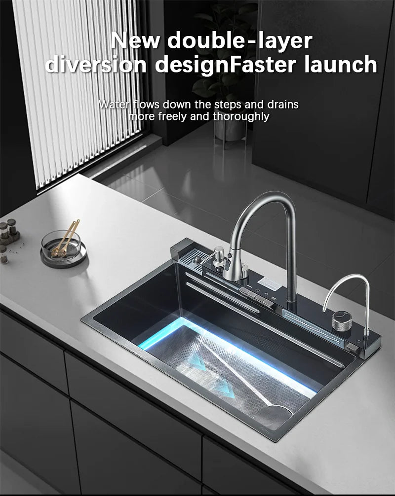 304 Stainless Steel Waterfall Kitchen Sink Large Single Slot Integrated Digital Display Faucet Set Soap Dispenser Cup Washer Home Fusion