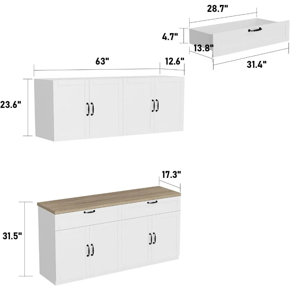 Wall-Mounted Kitchen Pantry with Countertop, with Drawers & Doors, Sufficient Storage, Thickened MDF Board, Kitchen Cabinets - Home Fusion