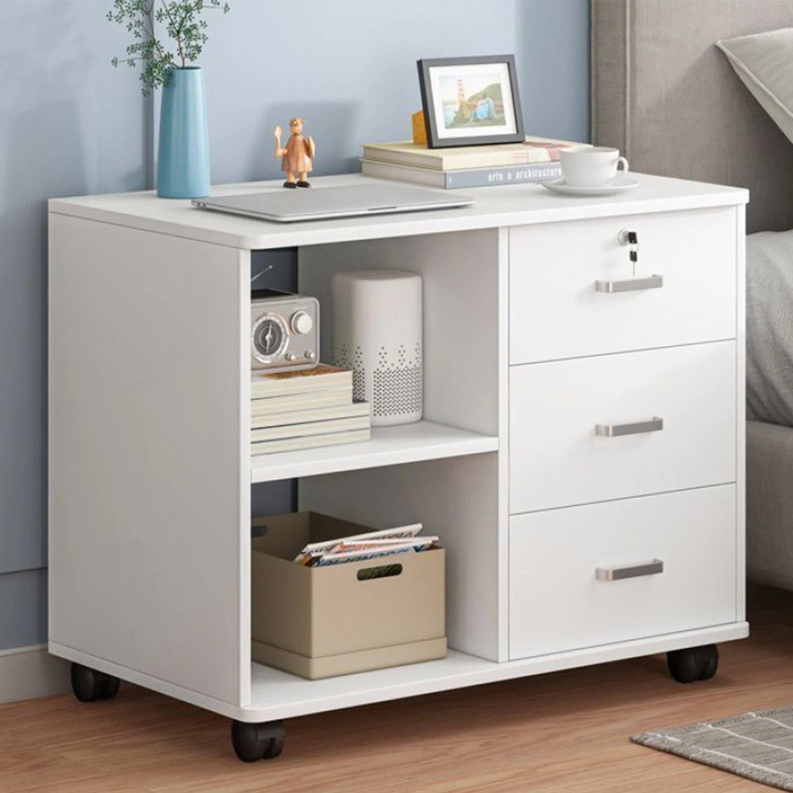 File Cabinet 3 Drawer Printer Stand Lateral Mobile Under Desk Organizer Wooden With Wheels Adjustable Shelves Home Room Storage - Home Fusion