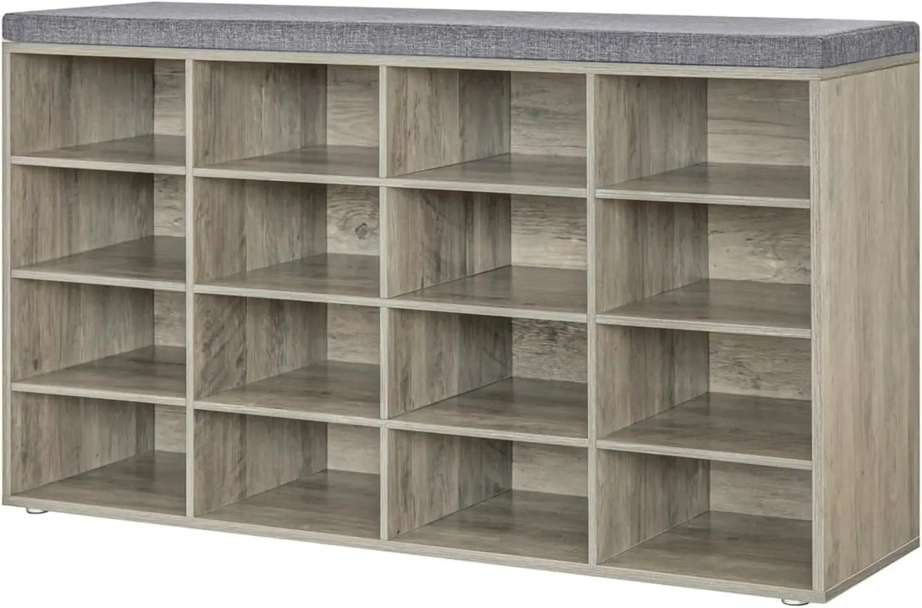 Shoe Storage Bench with Cushion, Cubby Shoe Rack with 12 Cubbies, Adjustable Shelves, Multifunctional Shoe Organizer Bench - Home Fusion