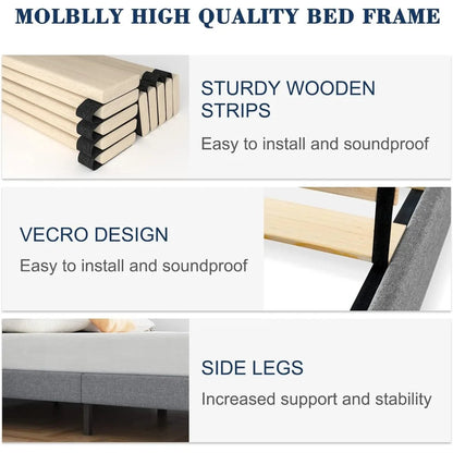 Full Size Bed Frame with Upholstered Headboard, Linen Fabric Wrap, Wooden Slats Support, Solid and Stable, No Box Spring Needed - Home Fusion