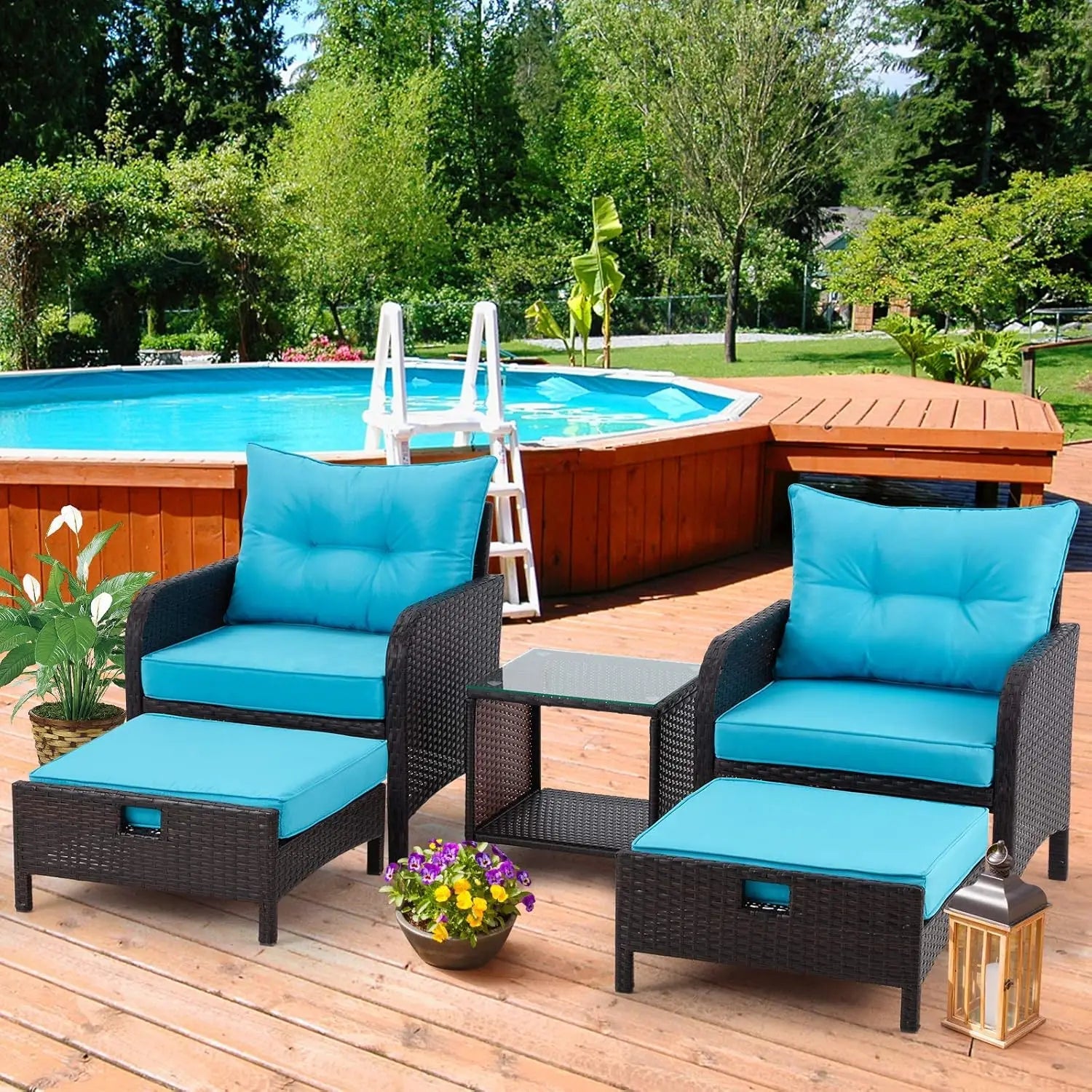 Patio Furniture Set, Outdoor Rattan Chairs with Tempered Glass Coffee Table, Ottomans & Soft Cushions, Wicker Conversation  Set - Home Fusion