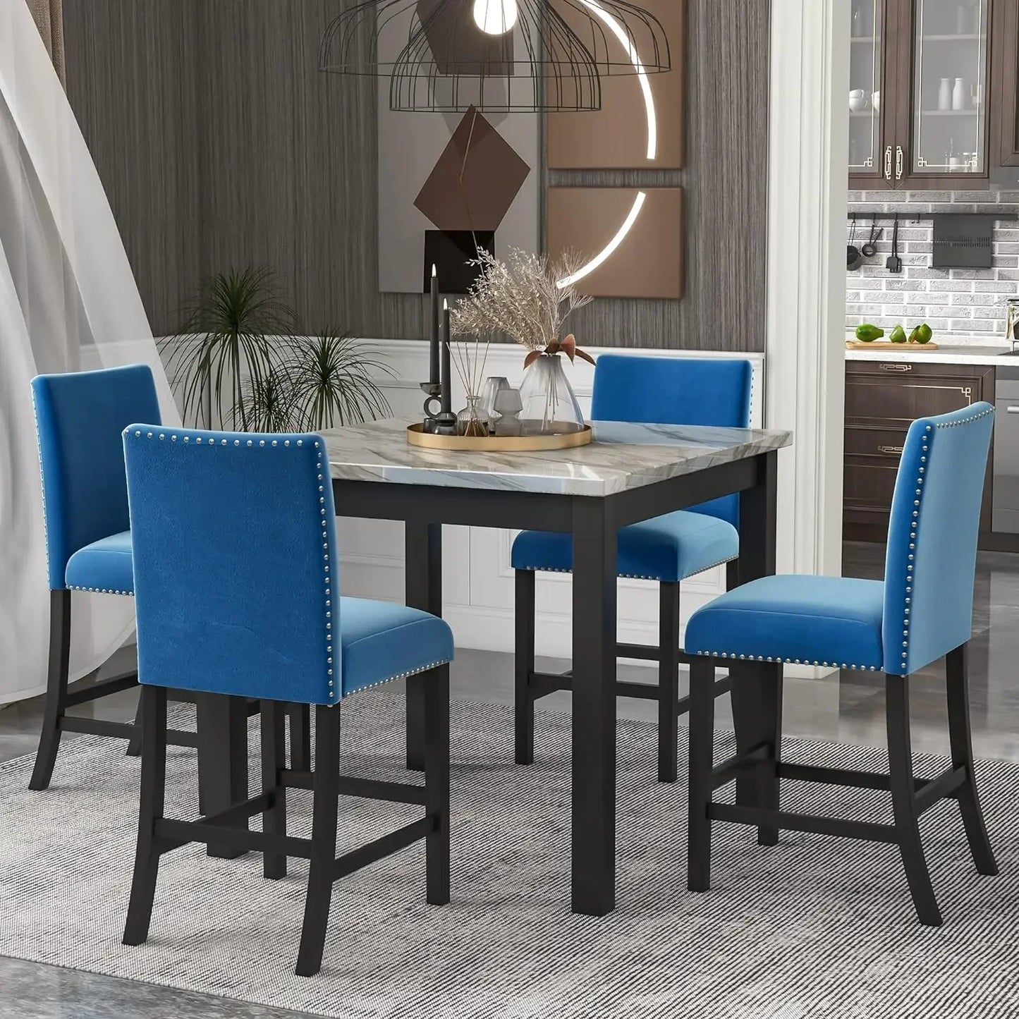 5 Piece Dining Room Table Set for Kitchen with Faux Marble Dining Table and 4 Upholstered-Seat Chairs,Living Room Furniture - Home Fusion