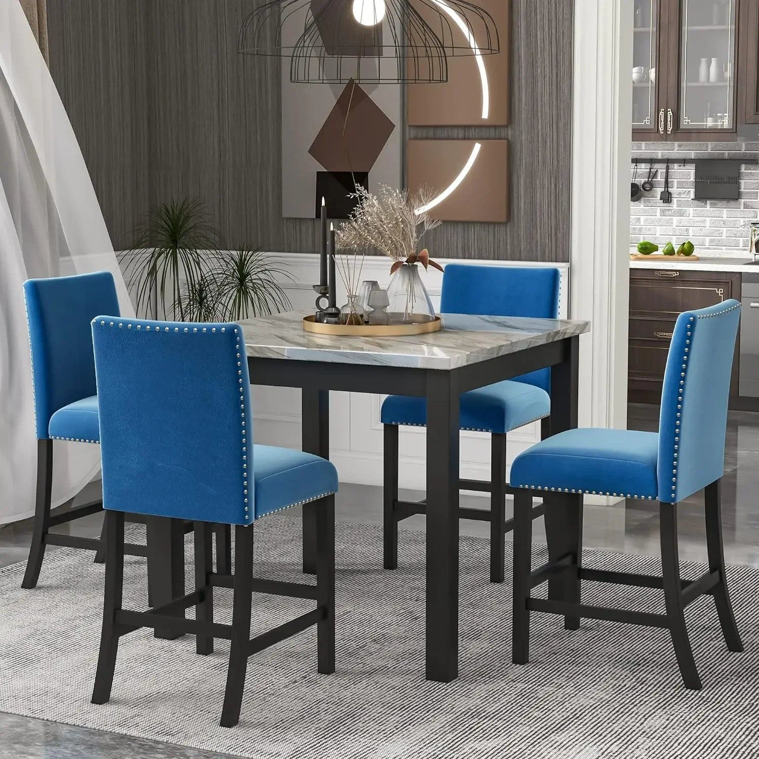 5 Piece Dining Room Table Set for Kitchen with Faux Marble Dining Table and 4 Upholstered-Seat Chairs,Living Room Furniture - Home Fusion