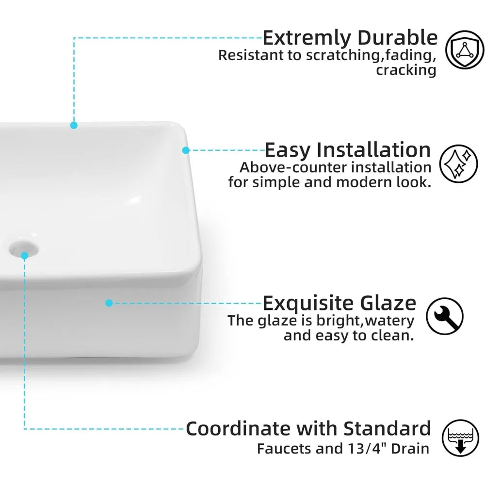 Rectangular Ceramic Countertop Vessel Sink, White Bathroom Sink, Ceramic Small Sink Bowl, Vanity Art Basin, 21 "x 16" x 6" Home Fusion