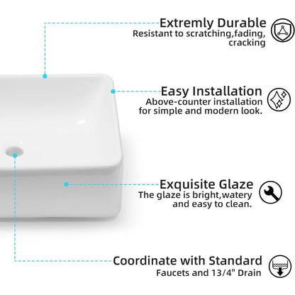 Rectangular Ceramic Countertop Vessel Sink, White Bathroom Sink, Ceramic Small Sink Bowl, Vanity Art Basin, 21 "x 16" x 6" Home Fusion