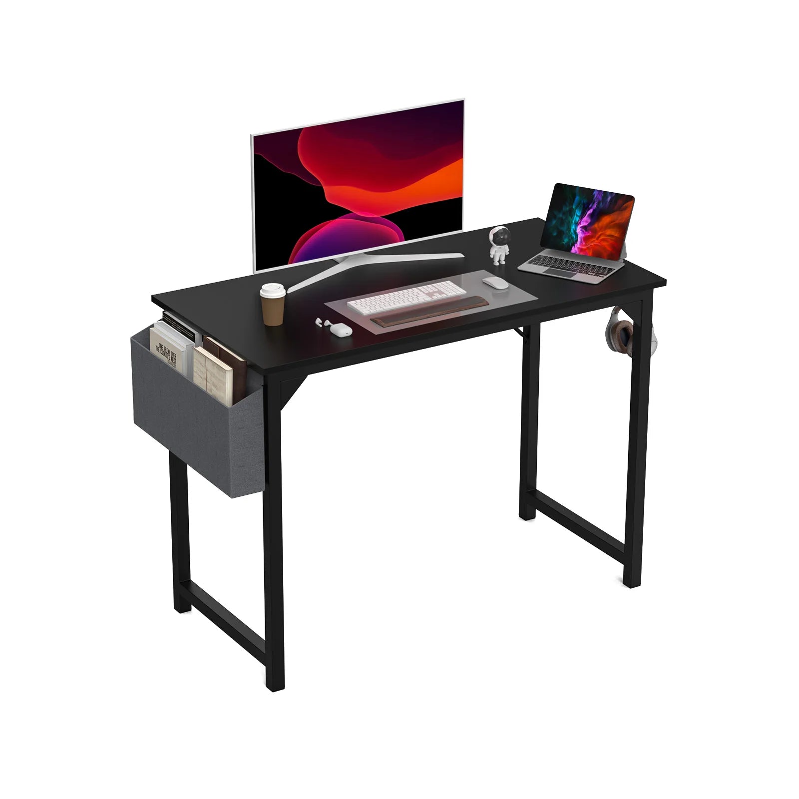 JHK Computer Desk Writing Study Office Gaming Table Modern Simple Style Compact with Side Bag Headphone Hook Easy Assembly - Home Fusion