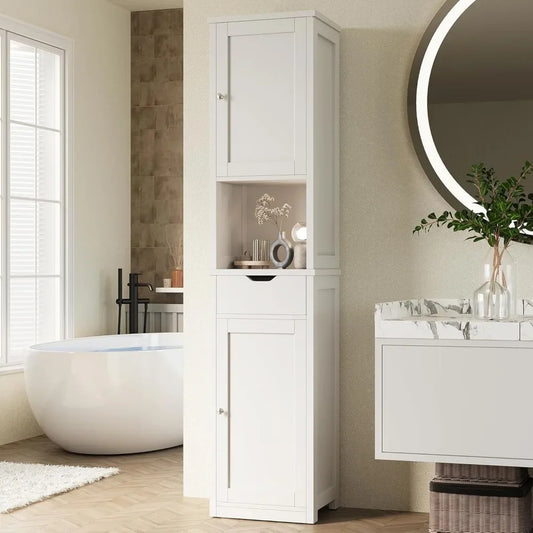 44403942752427 Bathroom Storage Cabinet, Slim Corner Floor Cabinet with Doors and Drawer, Freestanding Narrow Organizer with Adjustable Shelves 076823-f9.myshopify.com