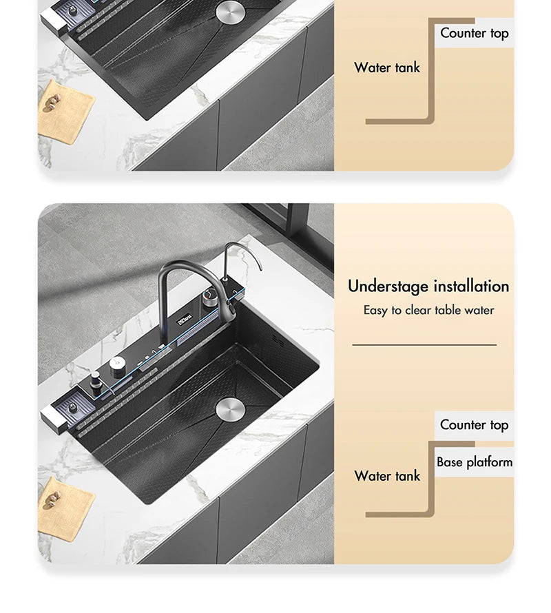 304 Stainless Steel Waterfall Kitchen Sink Large Single Slot Integrated Digital Display Faucet Set Soap Dispenser Cup Washer Home Fusion