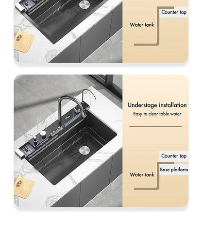 304 Stainless Steel Waterfall Kitchen Sink Large Single Slot Integrated Digital Display Faucet Set Soap Dispenser Cup Washer Home Fusion