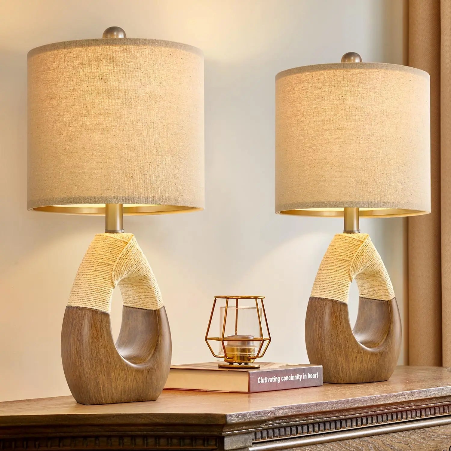 OYEARS Boho Table Lamps Bedroom Living Room Set 2 Small Farmhouse Rattan Table Lamp 19”Rustic Home Decoration Nightstand - Home Fusion