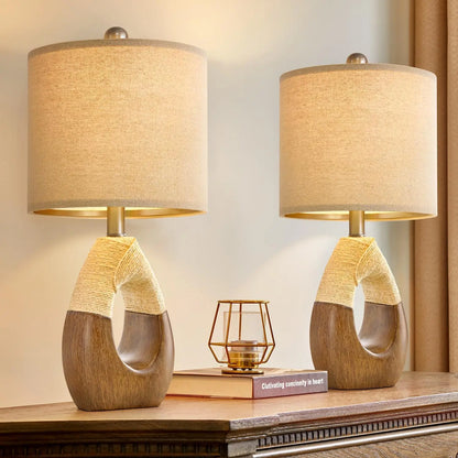 OYEARS Boho Table Lamps Bedroom Living Room Set 2 Small Farmhouse Rattan Table Lamp 19”Rustic Home Decoration Nightstand - Home Fusion