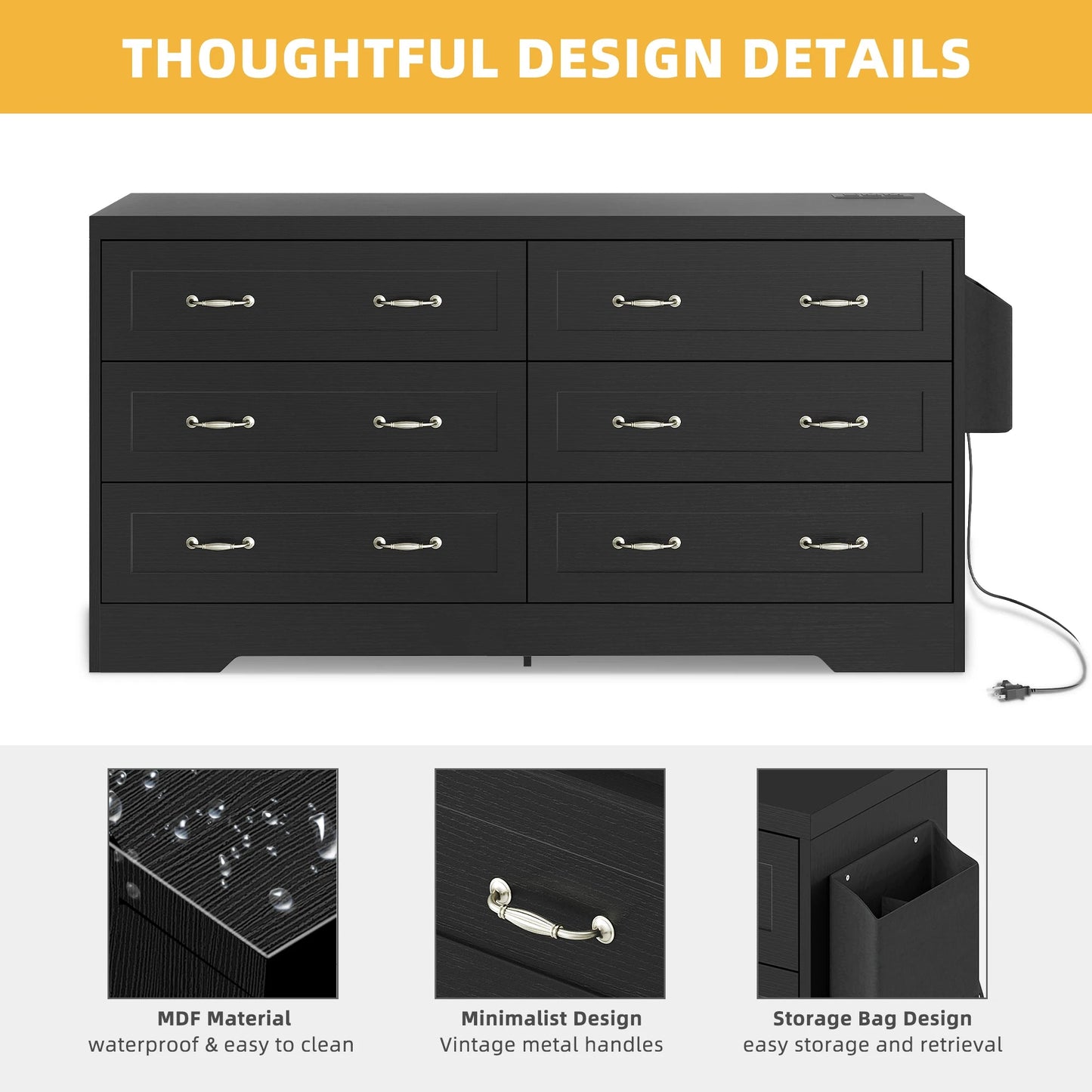 6 Drawer Dresser for Home Bedroom Wood Storage Cabinet Chest of Drawer Organizer - Home Fusion