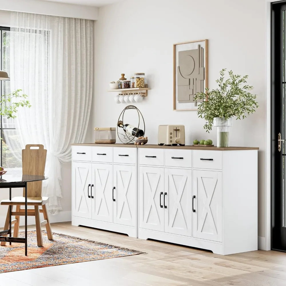Modern Farmhouse Sideboard Buffet Cabinet, Barn Doors Buffet Storage Cabinet with Drawers and Shelves - Home Fusion