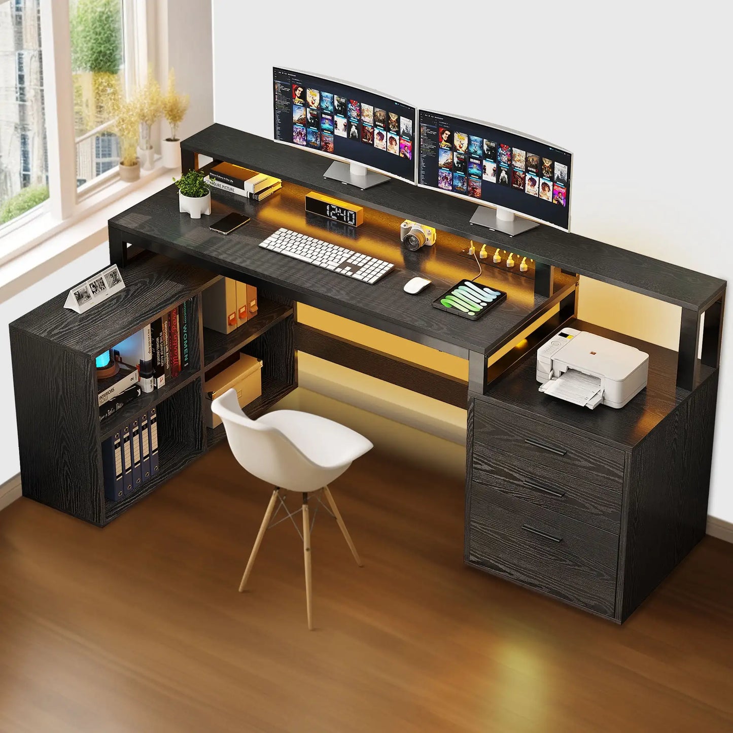 Office Furniture Desk Sets ,65" L Shaped Desk With Power Outlets And Monitor Stand , Computer Desk With LED Light &File Cabinet - Home Fusion