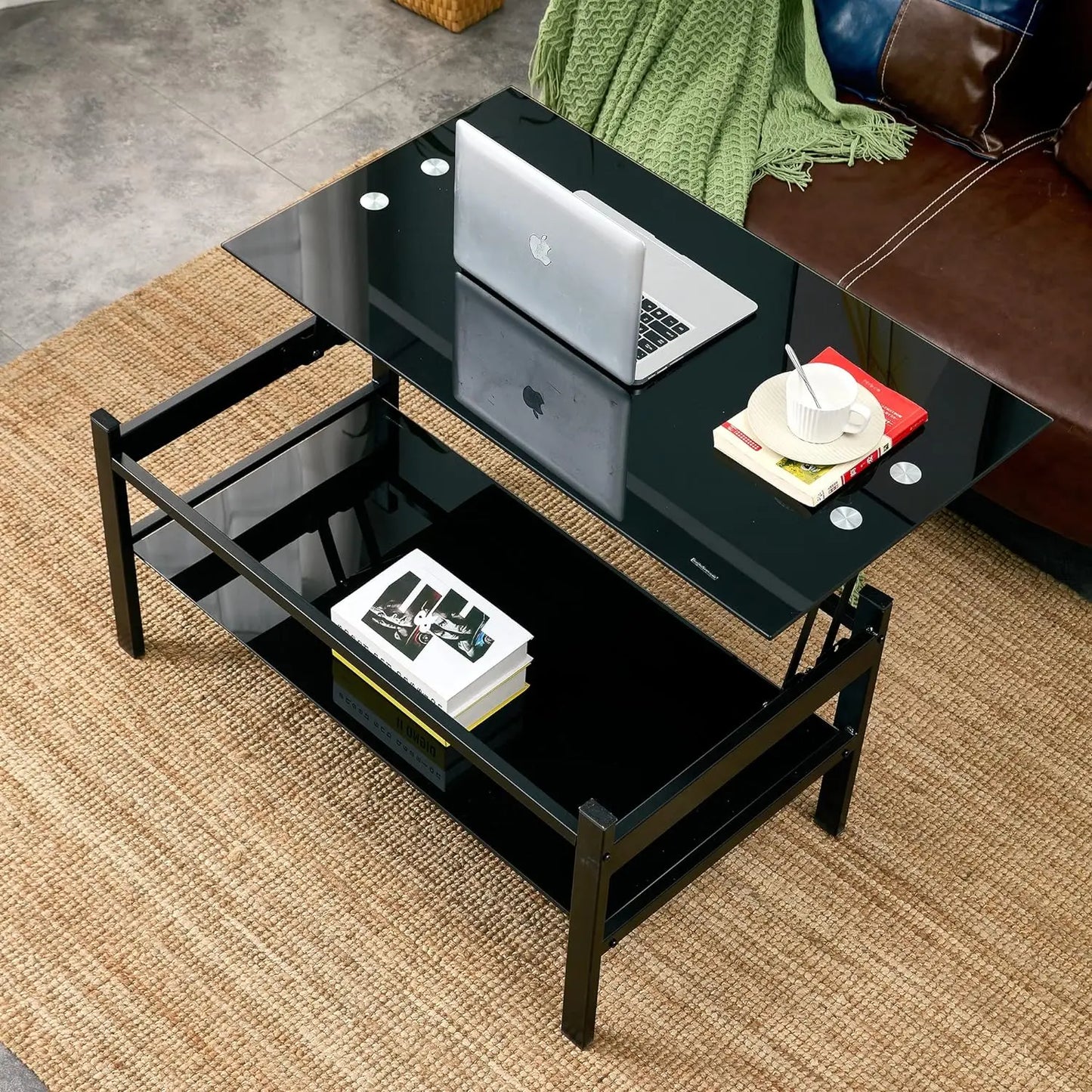 Rectangler Center Table with LED Lights2-Tier Tea Table Modern Side Coffee Table for Living Room - Home Fusion