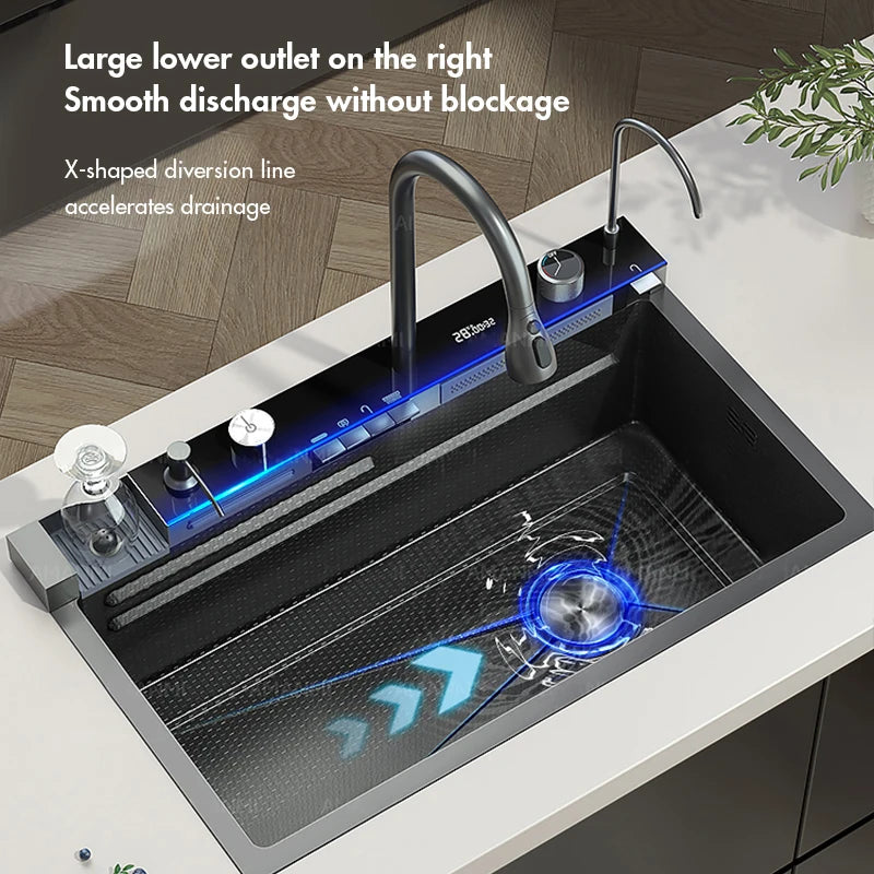 304 Stainless Steel Waterfall Kitchen Sink Large Single Slot Integrated Digital Display Faucet 