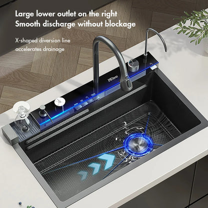 304 Stainless Steel Waterfall Kitchen Sink Large Single Slot Integrated Digital Display Faucet Set Soap Dispenser Cup Washer - Home Fusion