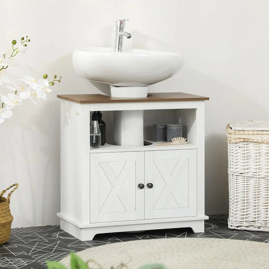 Farmhouse Under Sink Bathroom Cabinet, Pedestal Vanity Storage Cabinet with Double Doors and Storage Shelves, Bathroom - Home Fusion