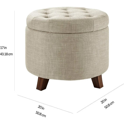 Upholstered Tufted Storage Round Ottomans, Burlap Beige, ‎20"W x 20"D x 17"H Footstool for Living Room,Bedroom,Office Ottoman - Home Fusion