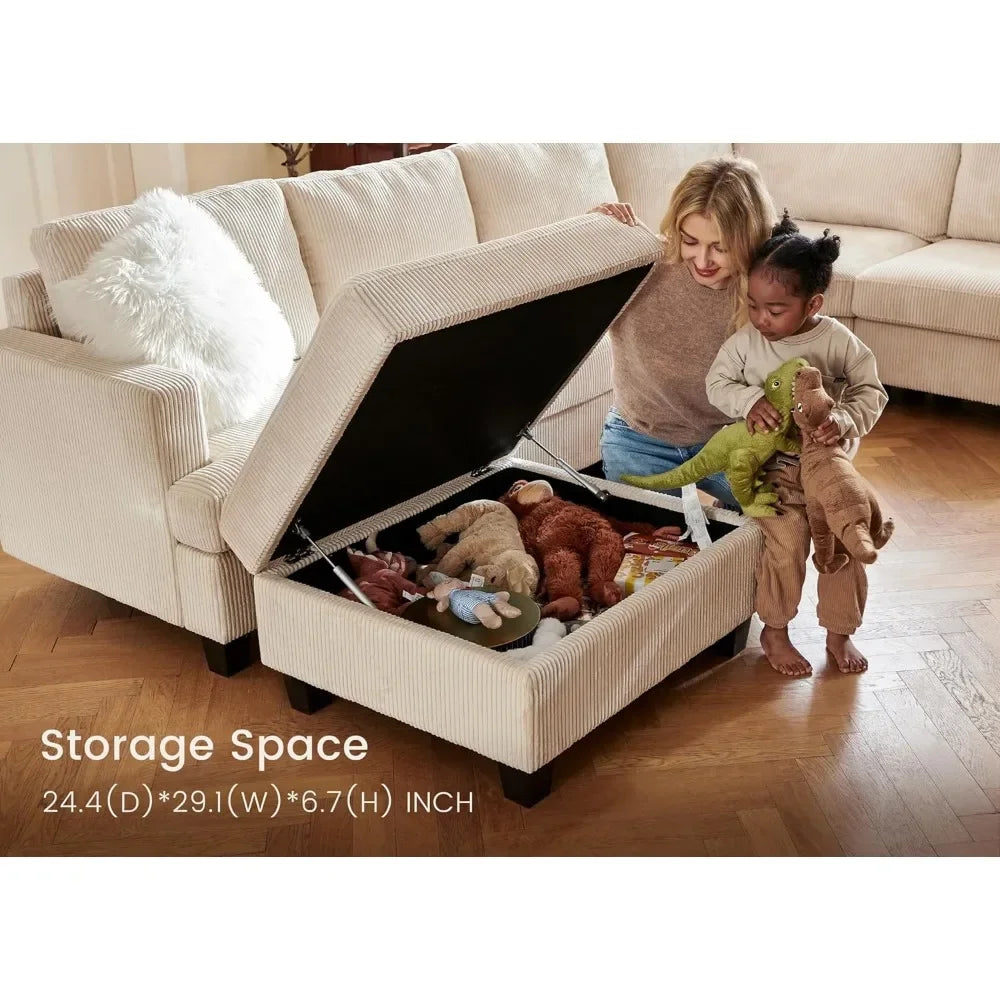 Sectional Sofa with Storage Ottoman, U Shape Sectional Couch Corduroy Modular Sectional Couches for Living Room, Beige - Home Fusion