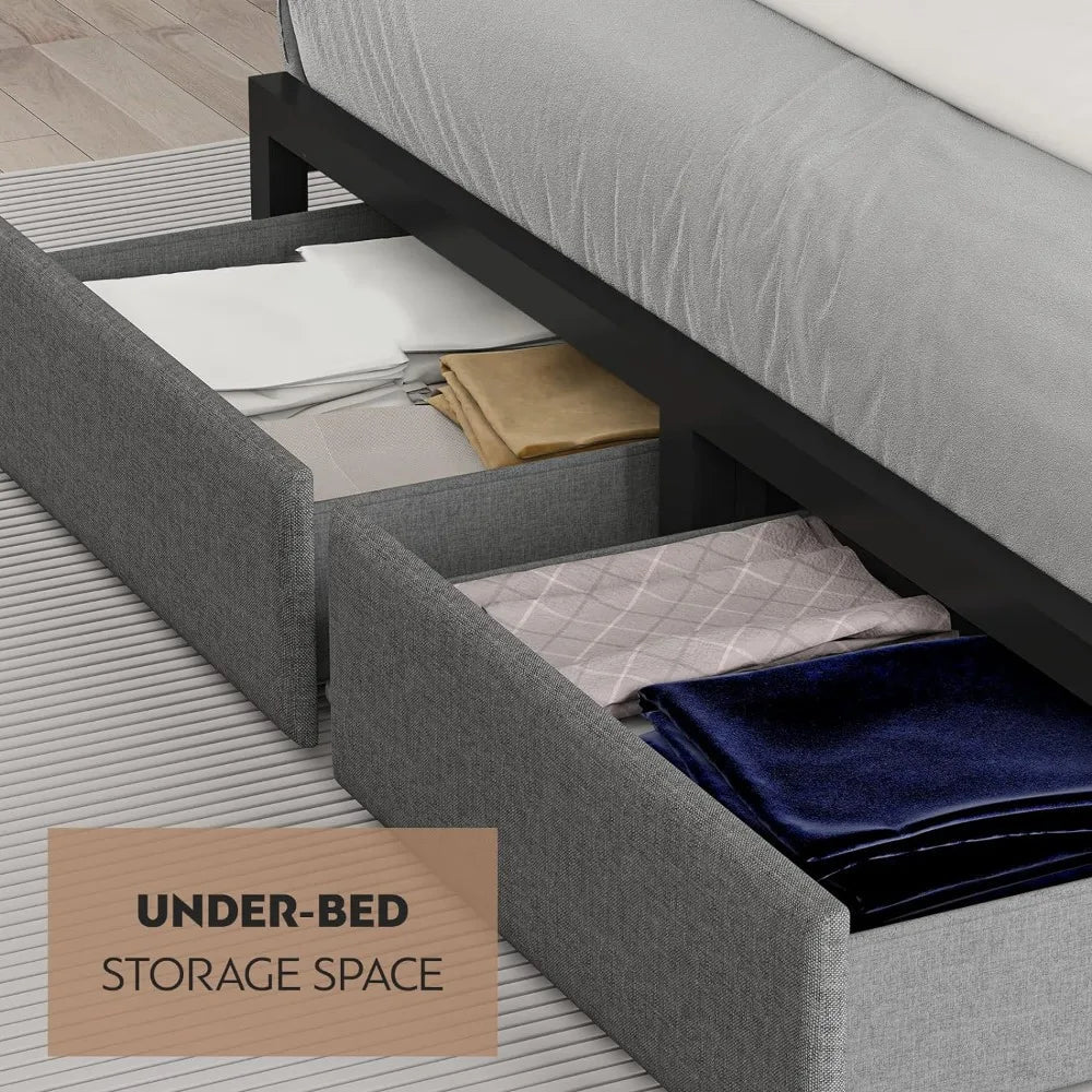 Queen Size Bed Frame with Headboard and Storage, Drawers Platform Bed Frame with Storage Chargin Station LED Light Bed Frame - Home Fusion