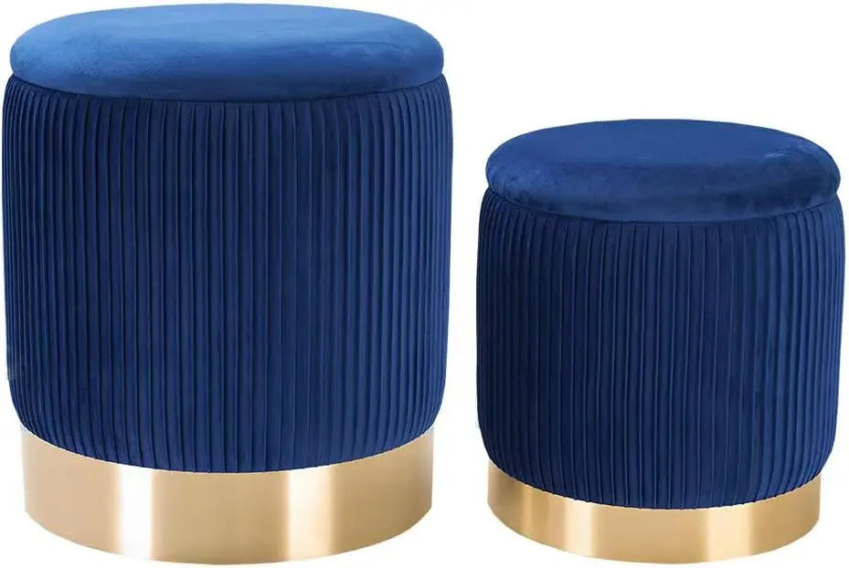 Round with Storage Set of 2, Velvet Storage Ottoman for Living Room, Round Storage, Ottoman Chair, Gold - Home Fusion
