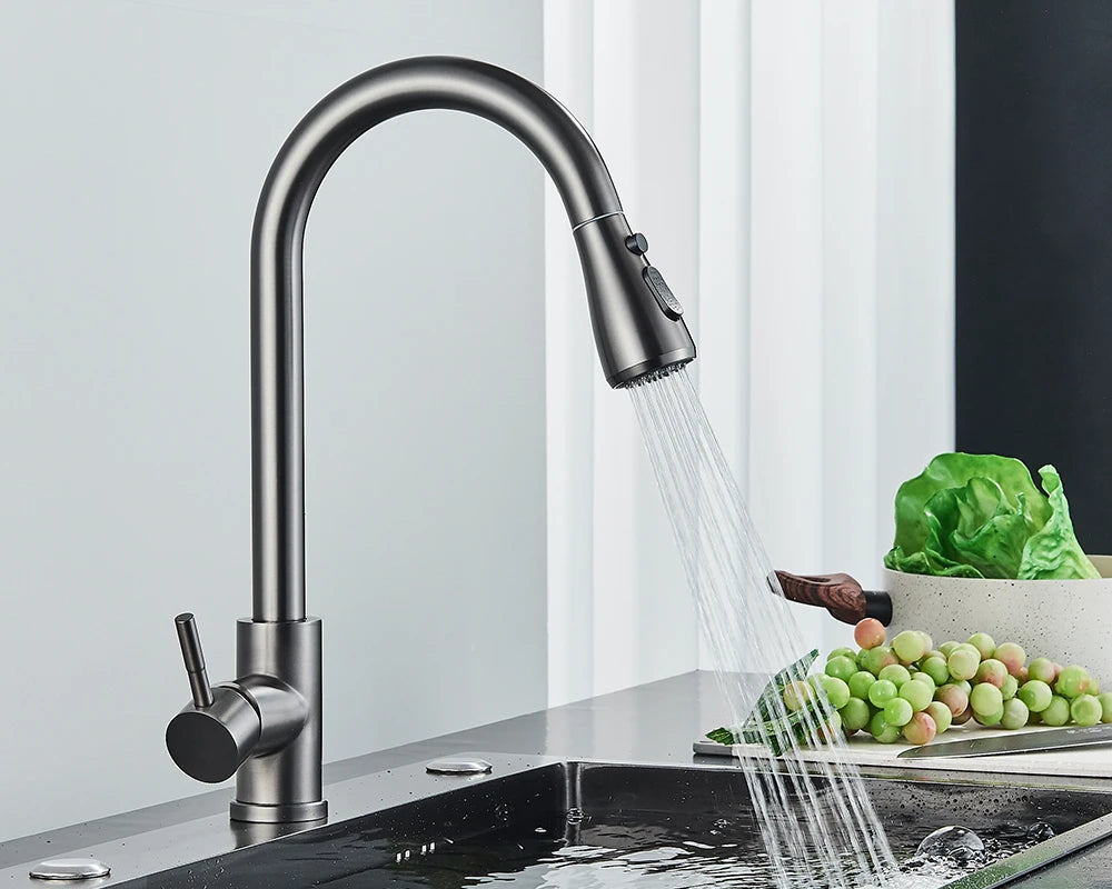 Brushed Nickel Kitchen Faucet Flexible Pull Out Nozzle Kitchen Sink Mixer Tap Stream Sprayer Head Deck Black Hot Cold Water Taps - Home Fusion