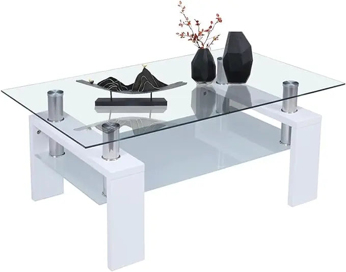 Comft Rectangle Side Glass Coffee Table, 2Tier Center Table Modern Black Side Coffee TableReception Room Office with Lower Shelf - Home Fusion