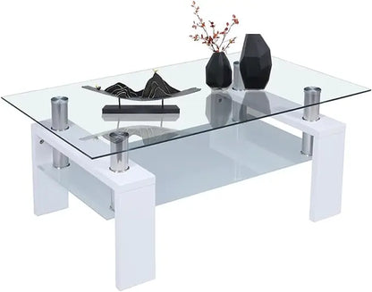 Comft Rectangle Side Glass Coffee Table, 2Tier Center Table Modern Black Side Coffee TableReception Room Office with Lower Shelf - Home Fusion