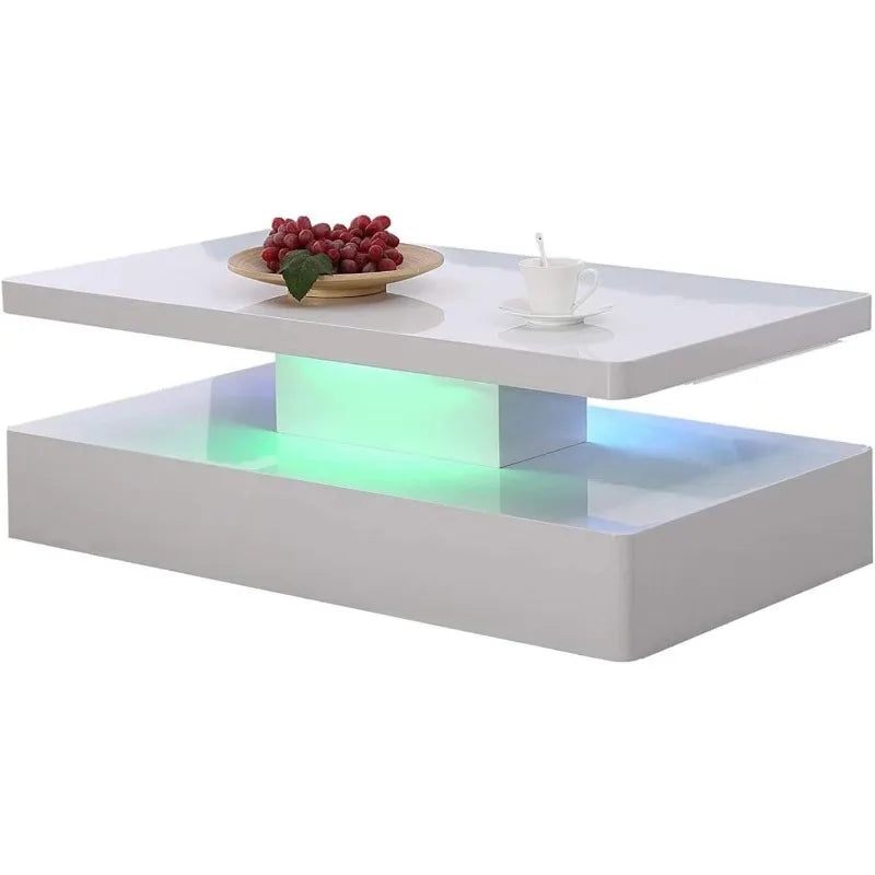 Modern LED Coffee Table 44 Inch, High Glossy Rectangler Center Table with LED Lights &2 Tier for Home Living Room - Home Fusion