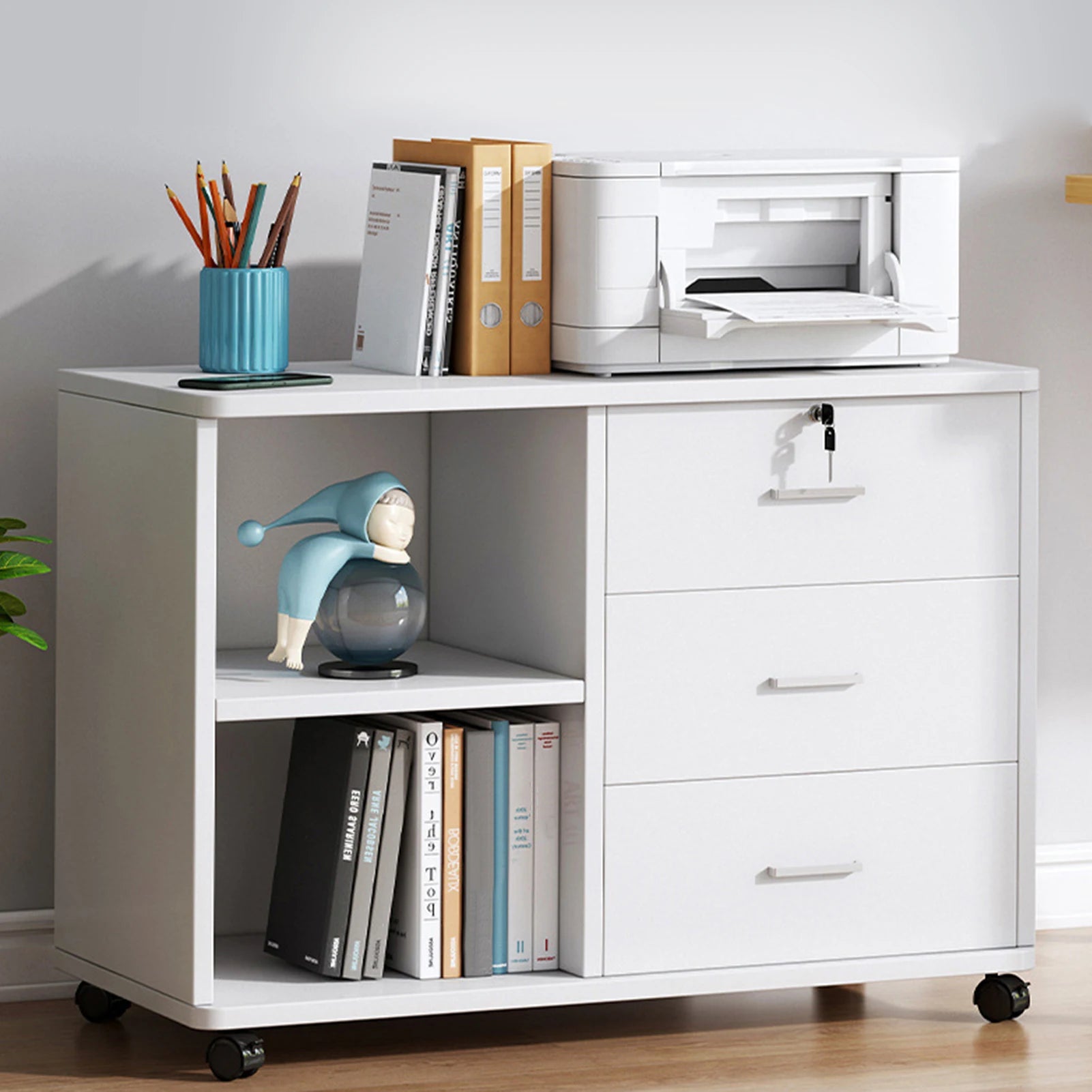 File Cabinet 3 Drawer Printer Stand Lateral Mobile Under Desk Organizer Wooden With Wheels Adjustable Shelves Home Room Storage - Home Fusion