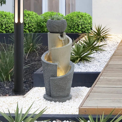 26.6" Resin Cascading Spiral Outdoor Patio Garden Fountain with Lights Waterfalls Backyard Deck Home Lawn Porch House Outdoor Home Fusion
