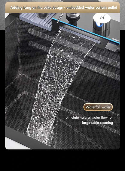 304 Stainless Steel Waterfall Kitchen Sink Large Single Slot Integrated Digital Display Faucet Set Soap Dispenser Cup Washer Home Fusion