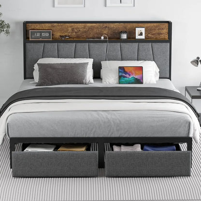 Queen Size Bed Frame with Headboard and Storage, Drawers Platform Bed Frame with Storage Chargin Station LED Light Bed Frame - Home Fusion