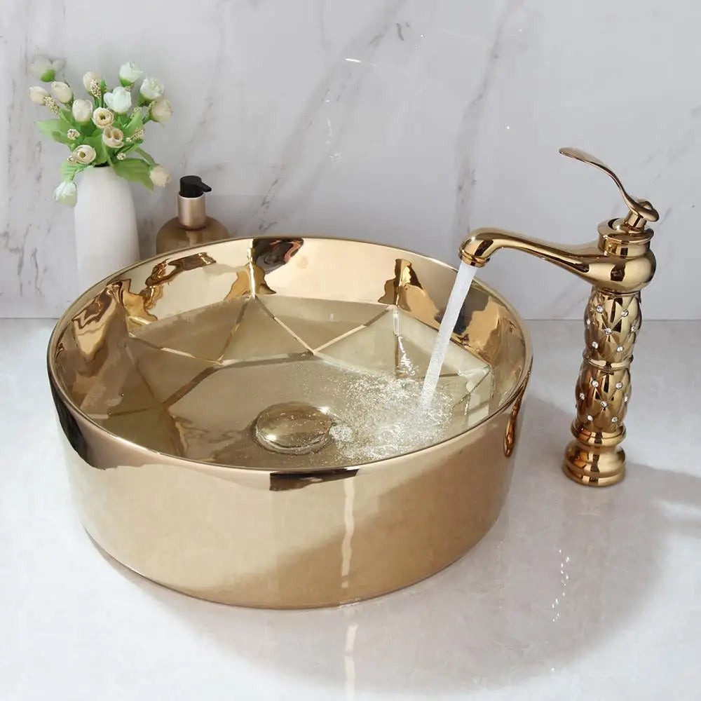 JIENI Bathroom Golden Plated Ceramic Round Combine Faucet Set Diamond Setting Lavatory Washbasin Sink Mixer Faucet w/ Pop Drain - Home Fusion