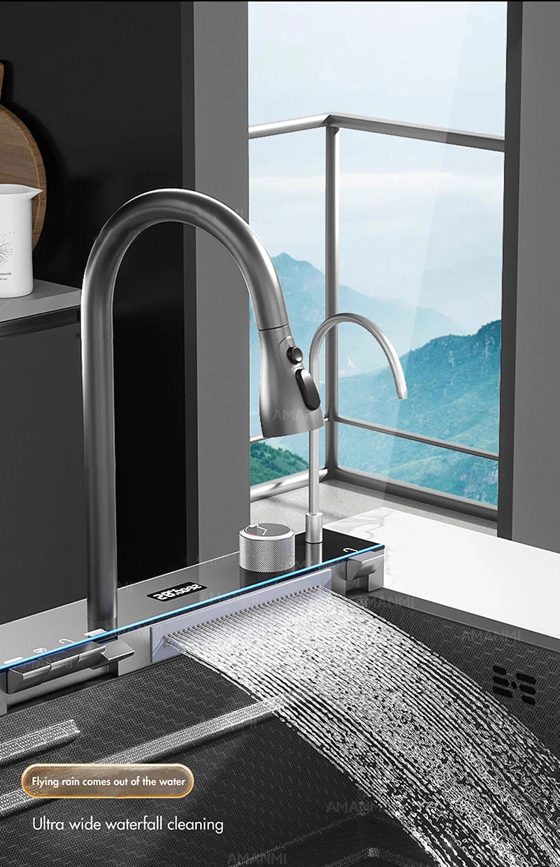 304 Stainless Steel Waterfall Kitchen Sink Large Single Slot Integrated Digital Display Faucet Set Soap Dispenser Cup Washer Home Fusion
