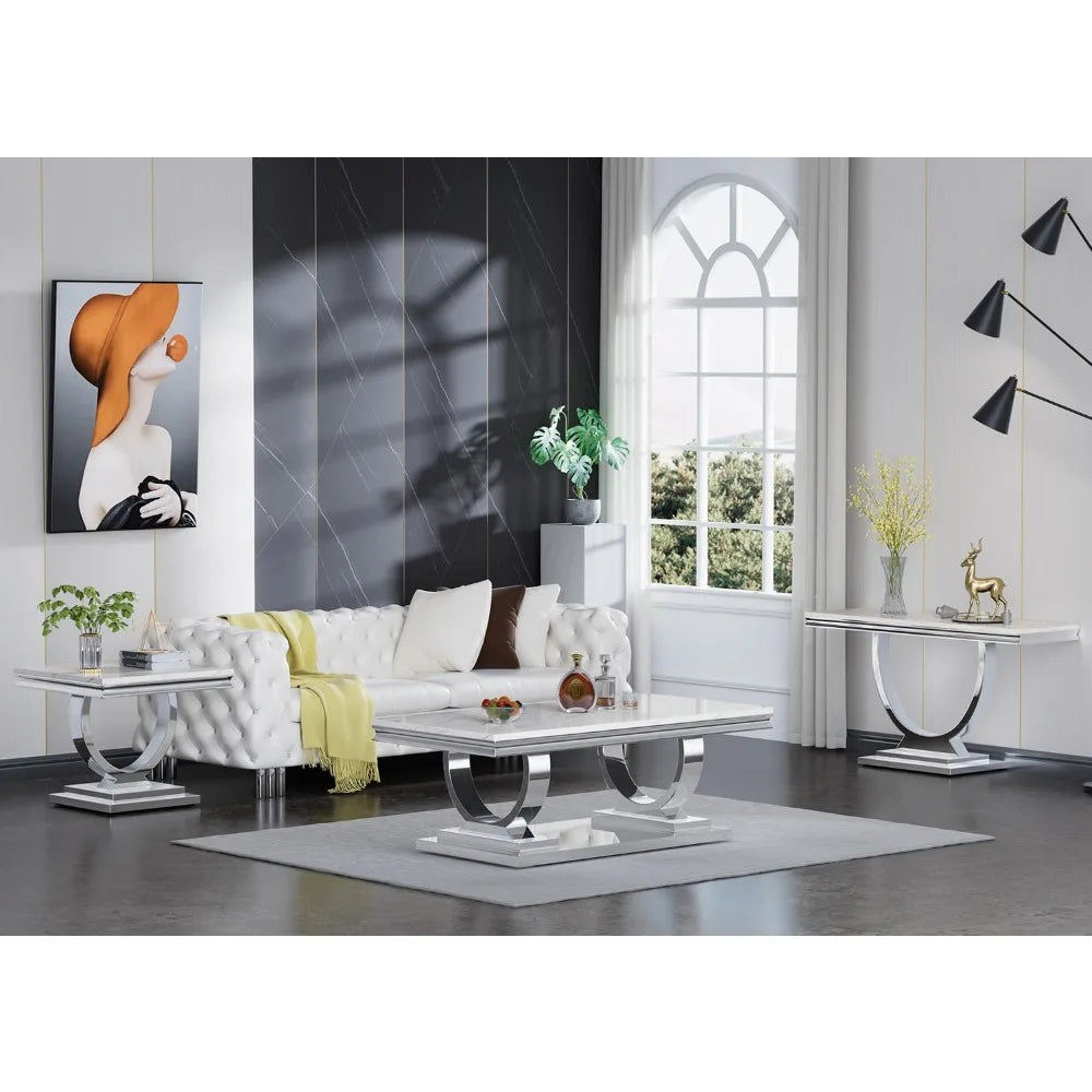 47" Rectangular Coffee Table, Modern White Faux Marble Cocktail Table, with Silver Mirrored Finish U-Shape Stainless Steel Base - Home Fusion